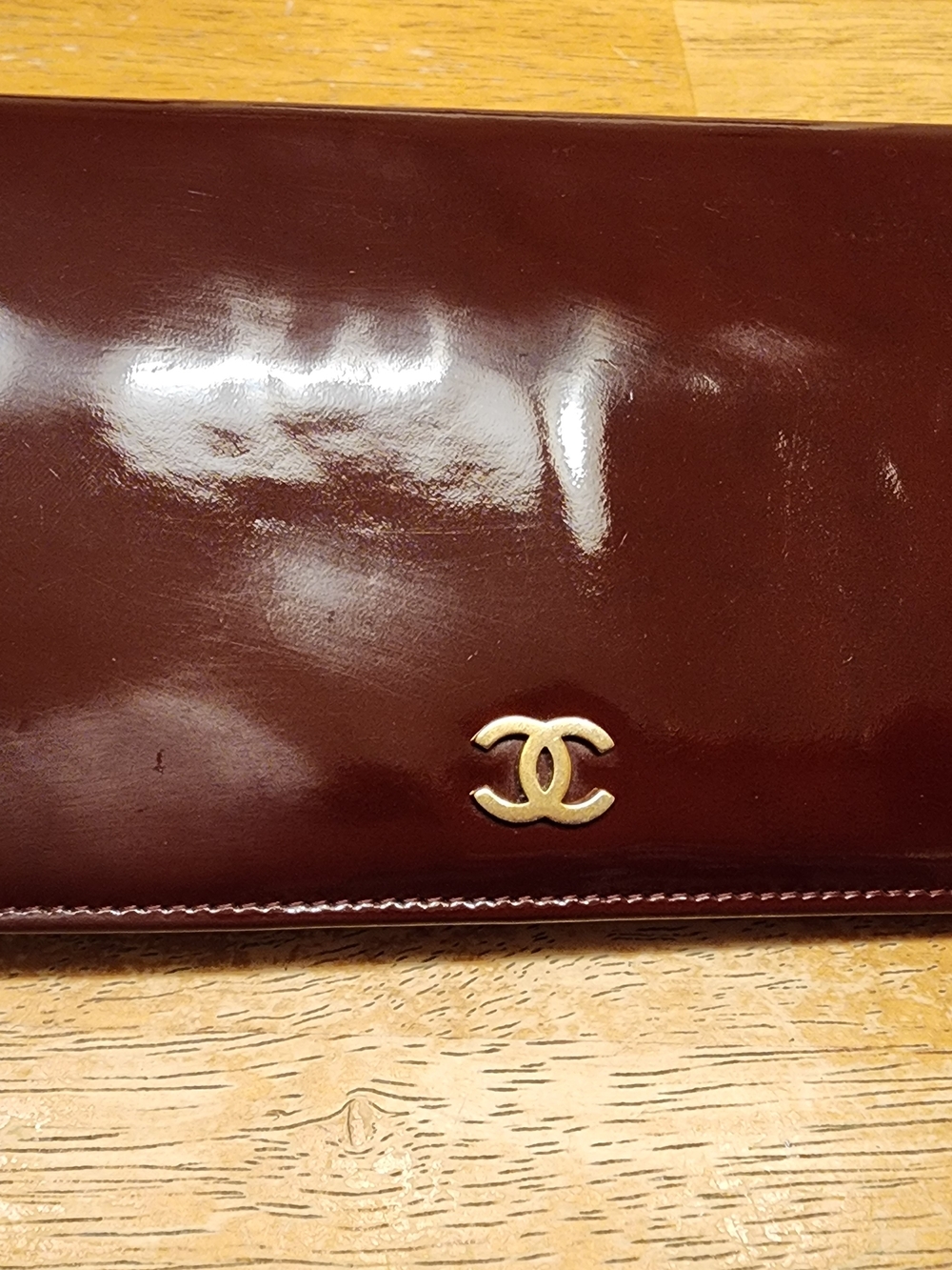 Chanel Burgundy Patent Leather CC Mark Bifold Wallet glossy finish Gold Hardware
